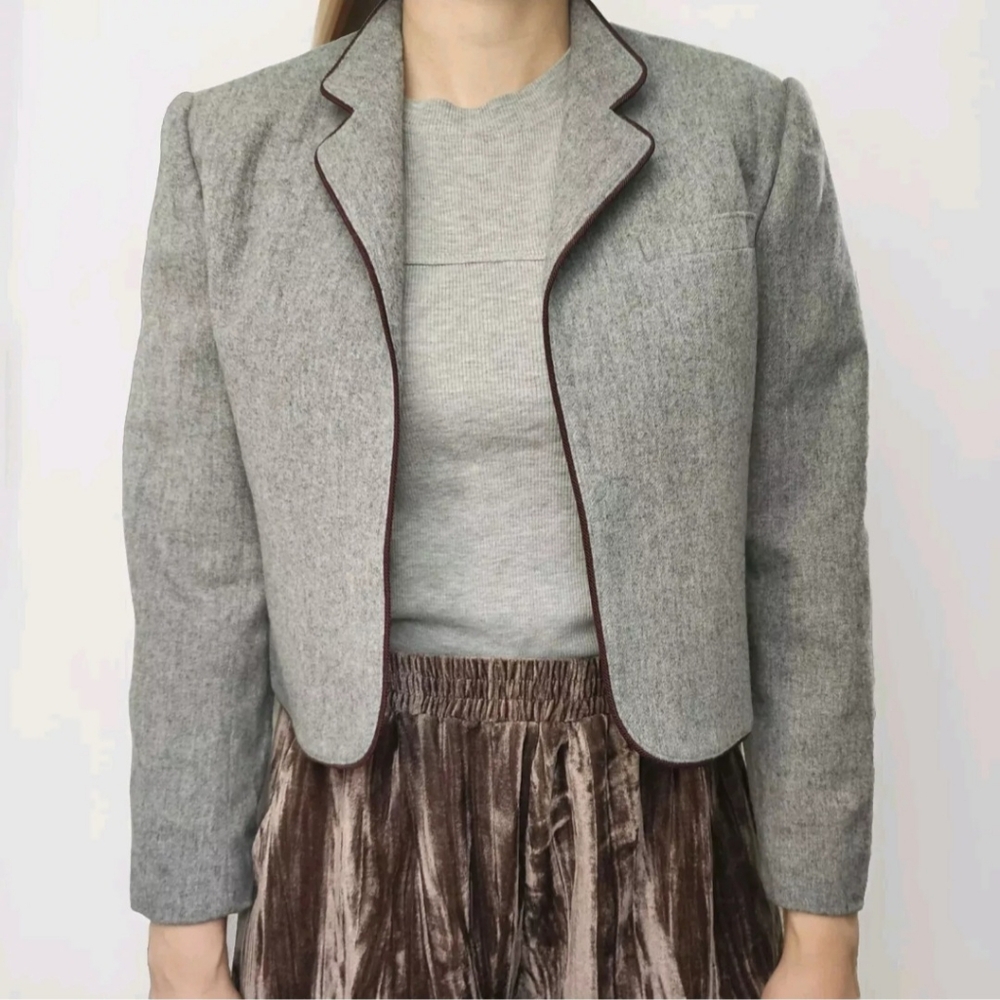 Sportables Vintage Wool Blend Gray Open Front Blazer Cropped Size 12 (Small)
